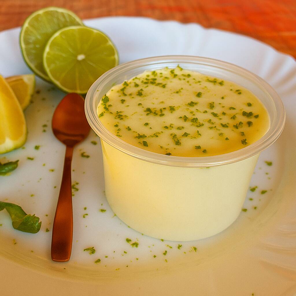 Mousse cremoso de limão com toque cítrico refrescante. Doce e leve na medida certa. (Porção individual)