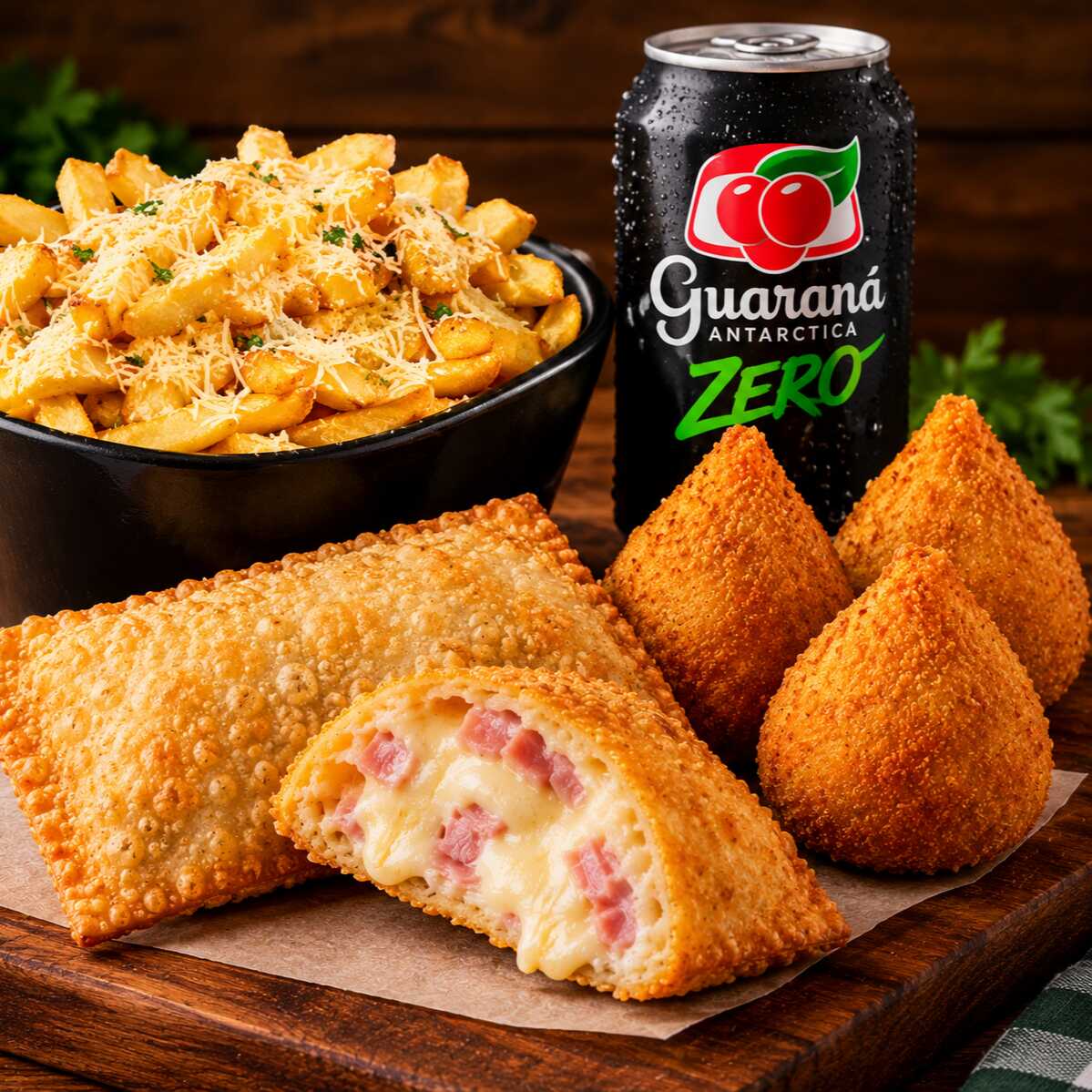Combo Mata-Fome é aquele combo completo para ninguém ficar com fome! Uma porção de batata crocante com parmesão, um pastel de queijo e presunto, 3 coxinhas bem recheadas e um Guaraná Zero em lata bem gelado. É muita coisa boa junta para matar a fome com muito sabor!