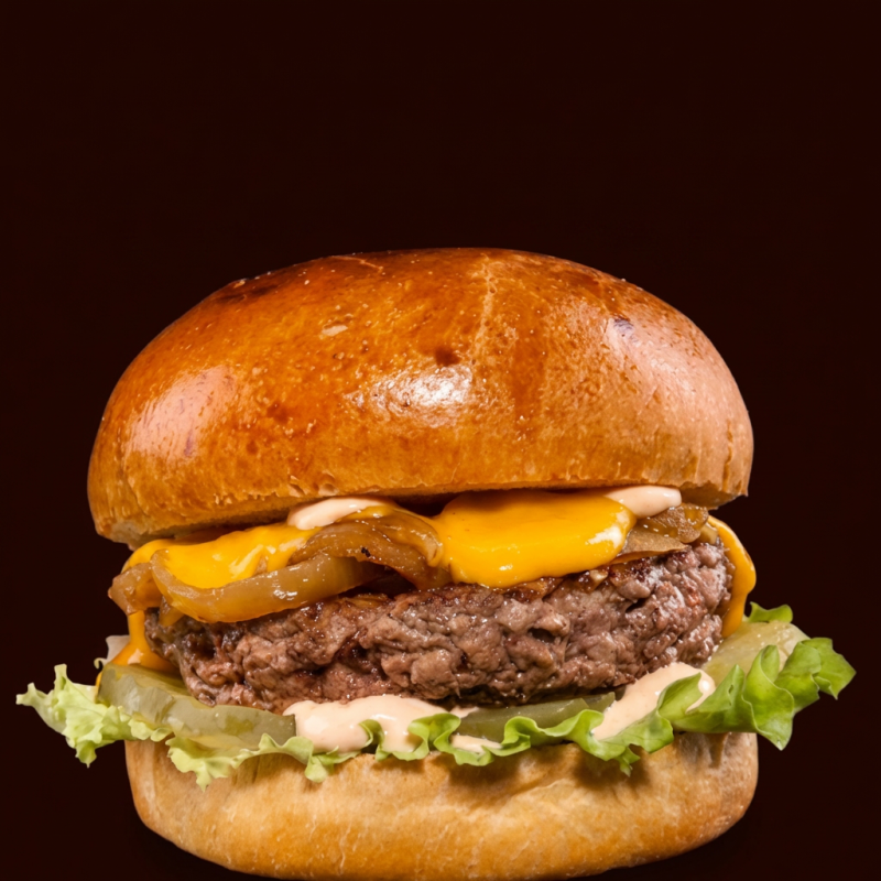 Pão brioche , 120gr de carne , cheddar , cebola no shoyo , molho e salada .