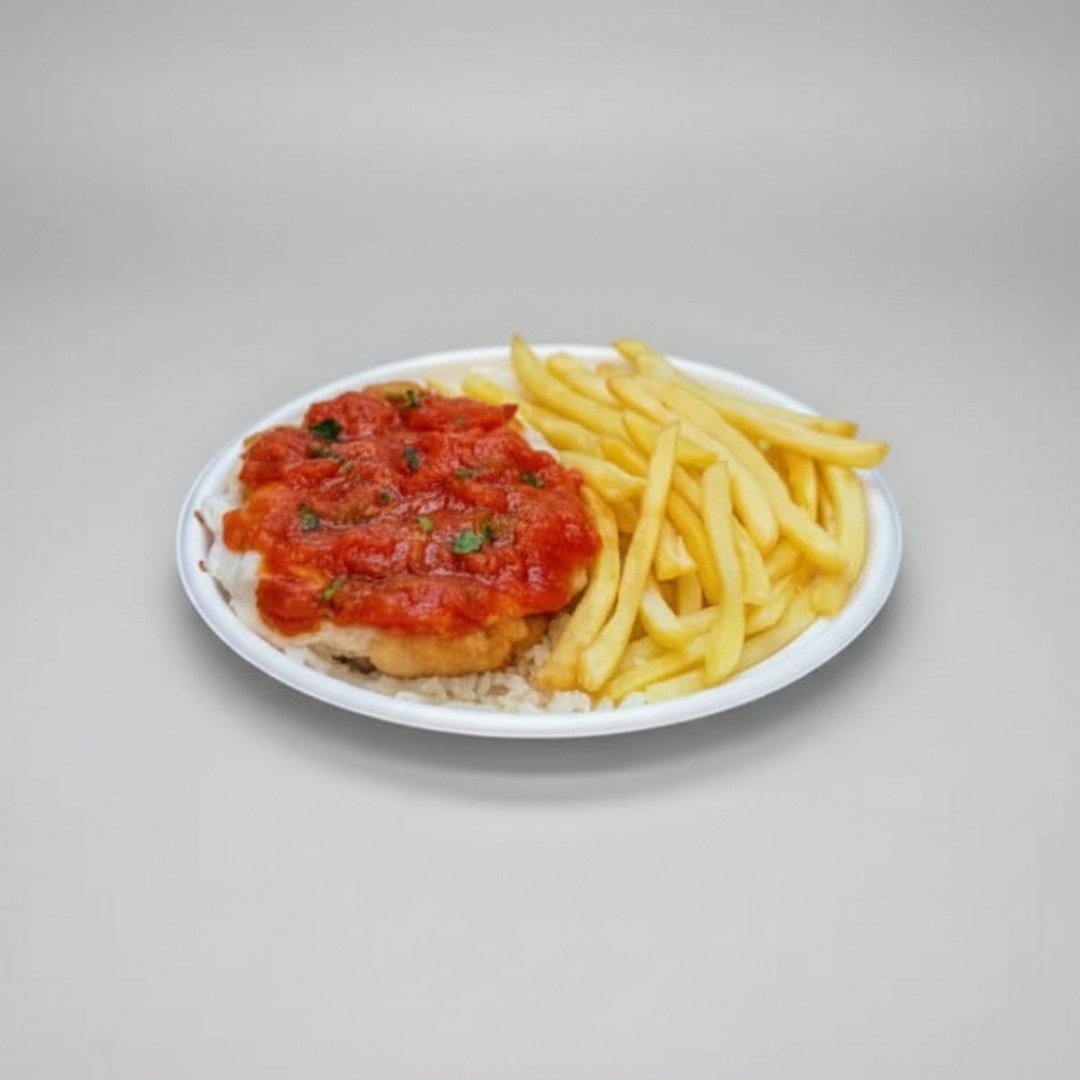 Frango Empanado, Molho, Mussarela, Arroz e Batata Frita