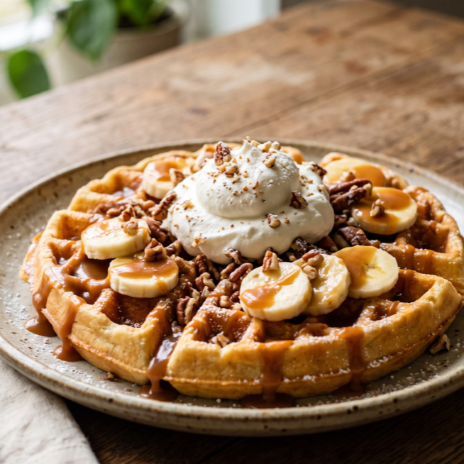 Waffles Plátano, Cajeta, Nuez y Crema Batida