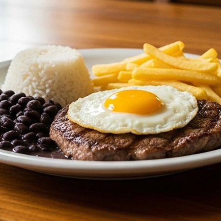 O clássico bife macio com um ovo frito por cima, servido com batatas fritas crocantes, arroz branco soltinho e o nosso feijão com tempero de casa.