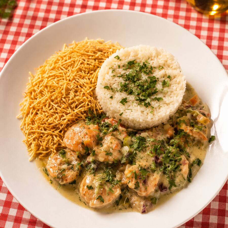 Acompanha arroz e batata palha