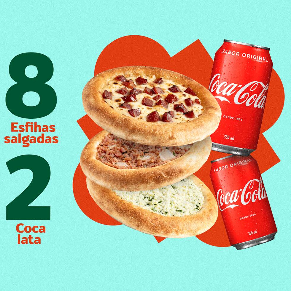Perfeito para o casal: 8 esfihas salgadas e 2 latas de Coca-Cola para tornar a refeição ainda mais saborosa! Sabores irresistíveis, acompanhados da refrescância única da Coca para vocês dois aproveitarem juntos.