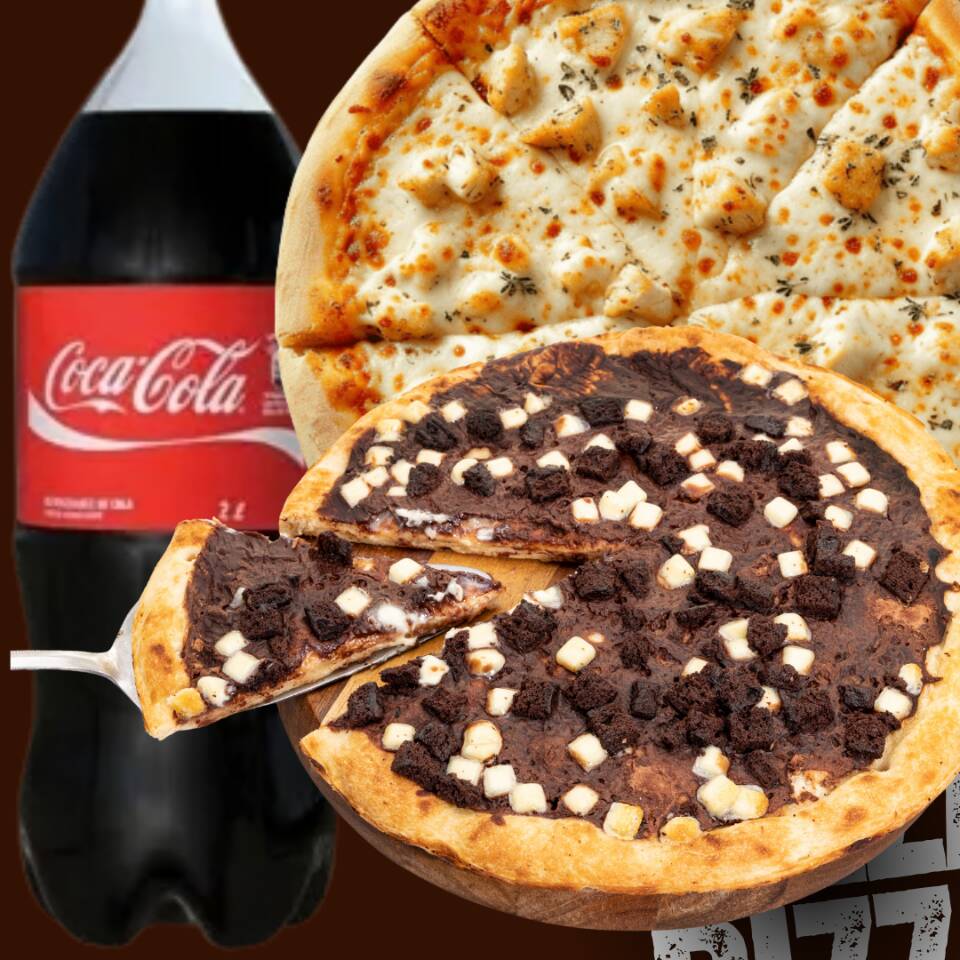 Pizza Grande 2 sabores + Broto Doce (a sua escolha) + Coca-Cola 2l Delicie-se com uma suculenta pizza grande de até 2 sabores, perfeita para saciar até 4 pessoas. E como sobremesa, um irresistível broto doce que vai adoçar ainda mais a sua refeição. Para acompanhar, uma garrafa gelada de Coca-Cola de 2 litros. Celebre a vida com sabor, diversão e muita alegria!