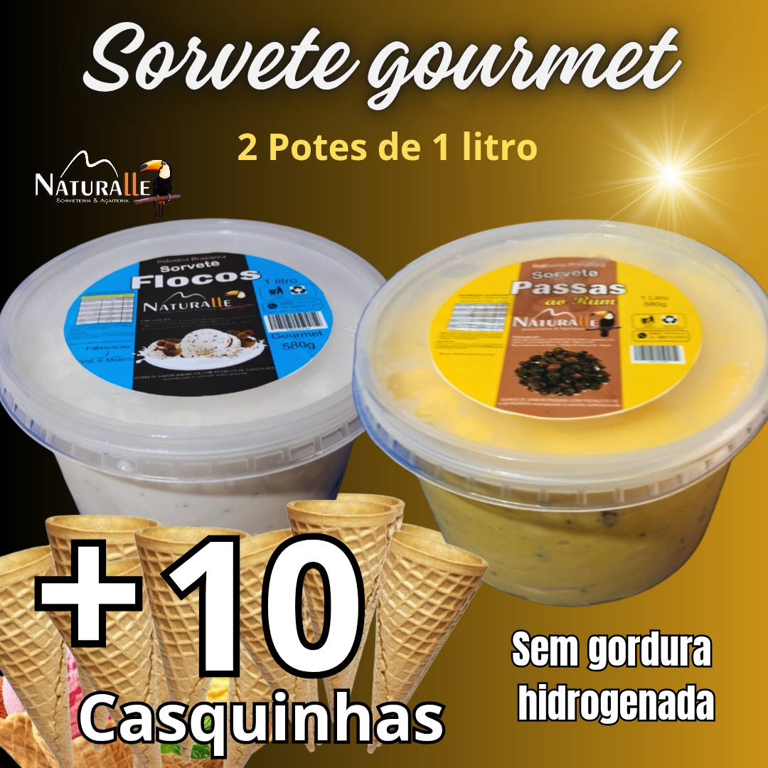 2 Potes de 1 litro. Sorvete sem gordura hidrogenada + 10 casquinhas