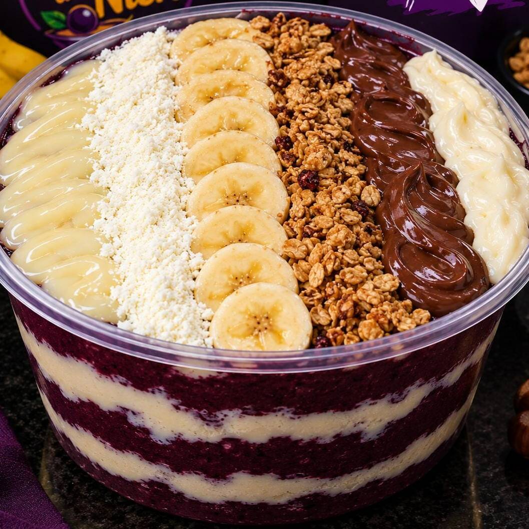 Açaí gourmet, banana, leite em pó, leite condensado, creme de avelã e creme de leite ninho.