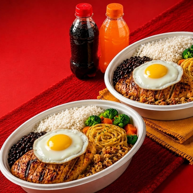 Duas marmitas de frango acompanhadas de ovo frito e refrigerante. Combo reforçado, completo e econômico, preparado na hora para quem procura uma refeição generosa e saborosa.
Combo reforçado ideal para almoço ou jantar.