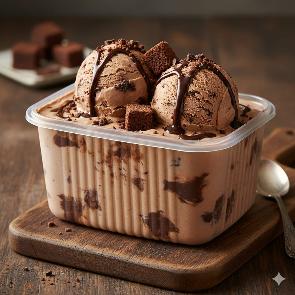 Cremoso, intenso e cheio de pedaços de brownie artesanal! Cada colher é uma explosão de chocolate e sabor irresistível. (Imagem meramente ilustrativa)