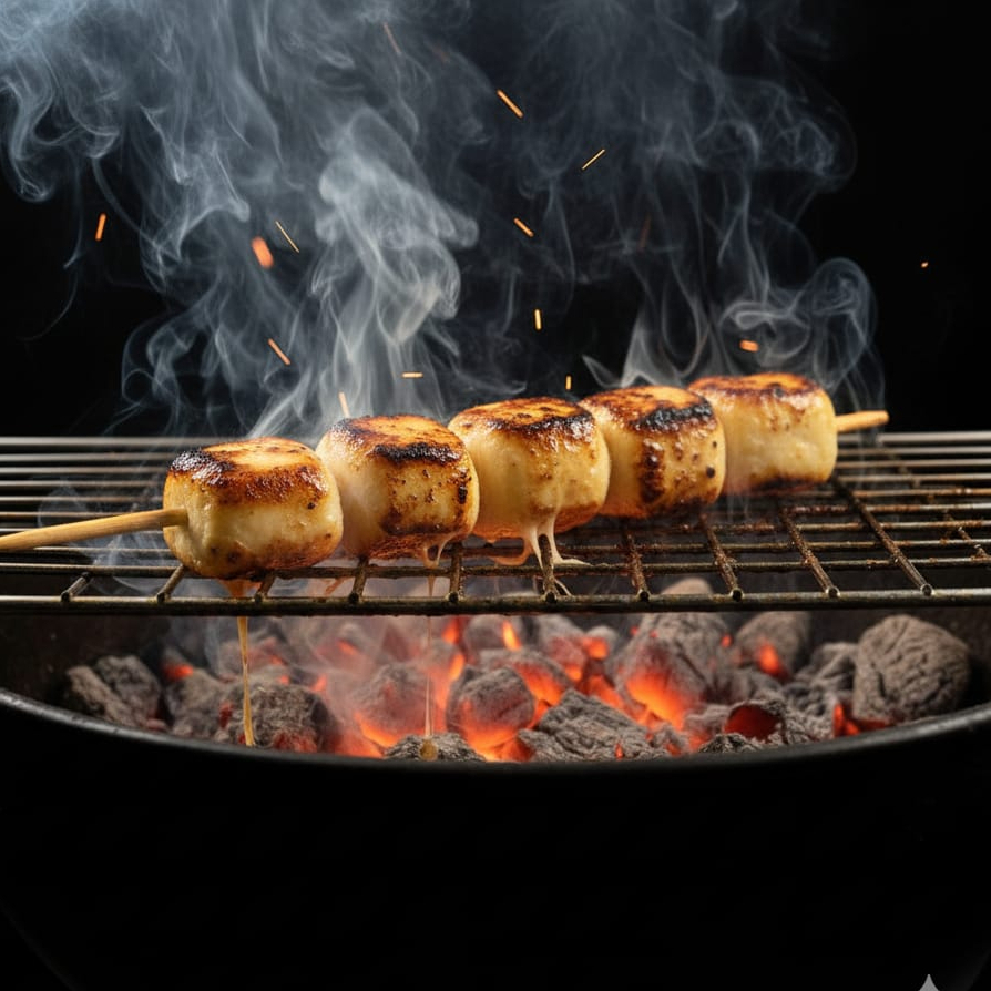 Apresentamos nosso Espeto de Mussarela Defumada, uma verdadeira tentação que promete uma explosão de sabor inigualável. aproxi 100g