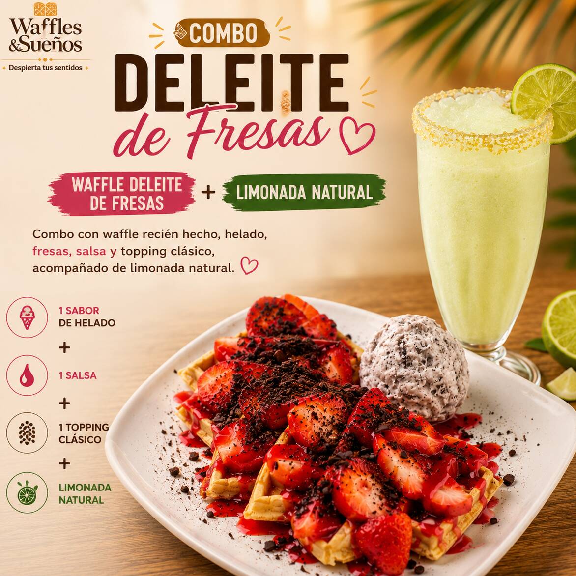 Waffle Deleite de Fresas + Limonada Natural