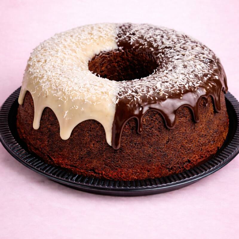 🍫🥛 Bolo Dois Amores (massa de chocolate) Bolo de chocolate fofinho com cobertura metade Ninho e metade chocolate. Dois sabores incríveis em um só bolo.