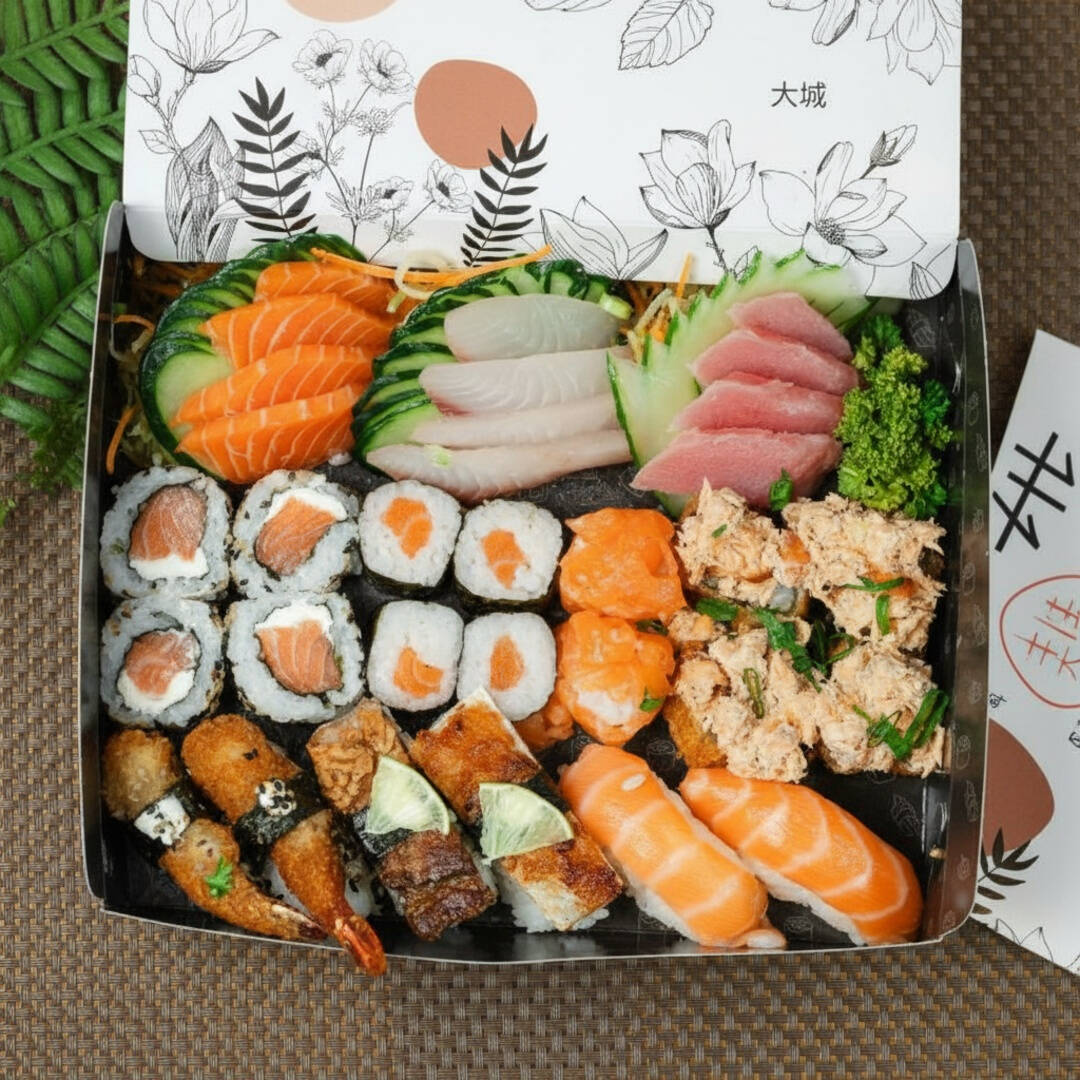 4 sashimi salmão 4 sashimi atum 4 sashimi peixe branco 4 uramaki salmão 4 hot rolls salmão 4 hossomaki salmão 2 jyo salmão 2 Nigiri salmão 2 nigiri skin 2 nigiri camarão