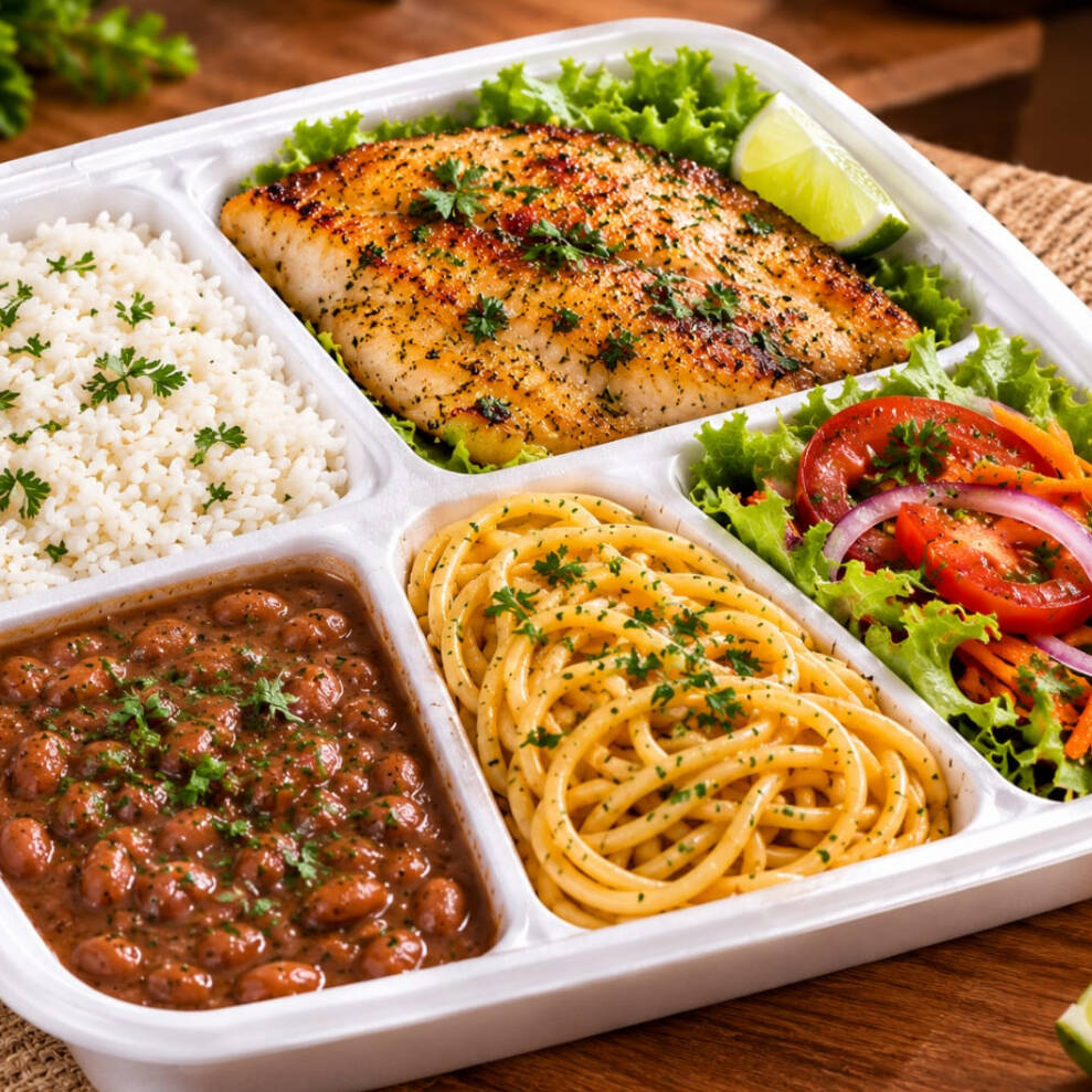 File de peixe ,arroz branco ,feijão de caldo ,macarrão e salada