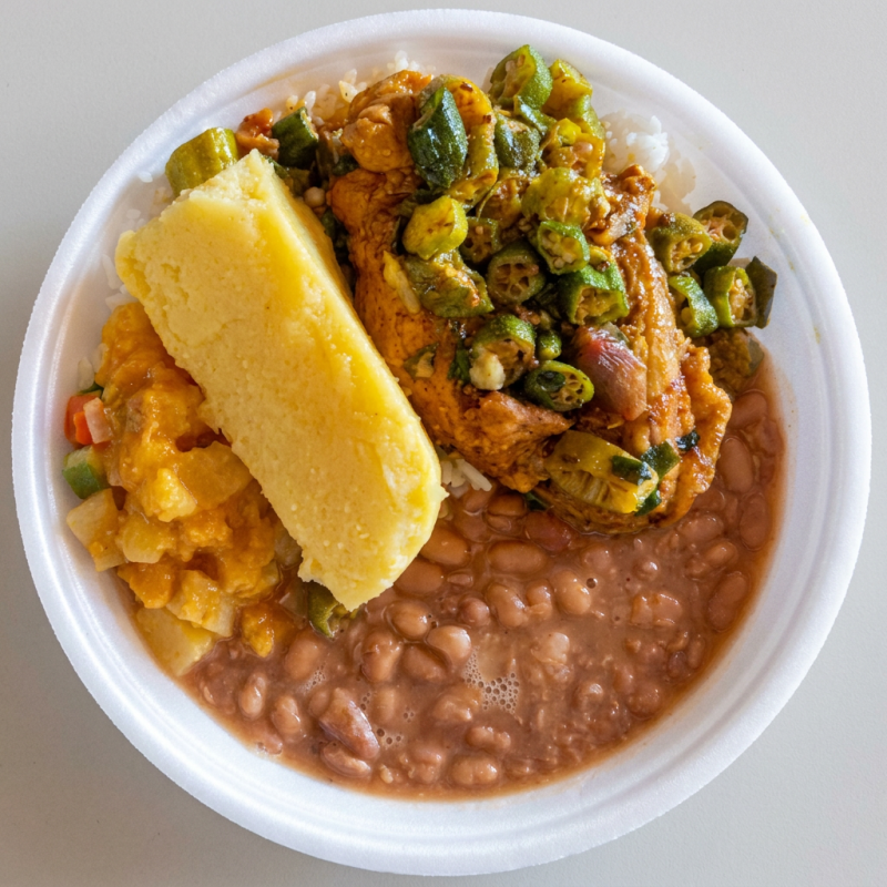 Arroz, feijão, frango com quiabo, angu e salada mix