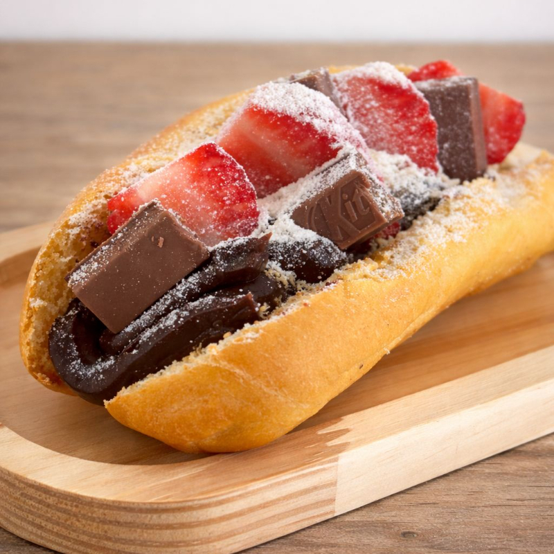 Brigadeiro de chocolate, morangos picados e pedaços de kitkat.