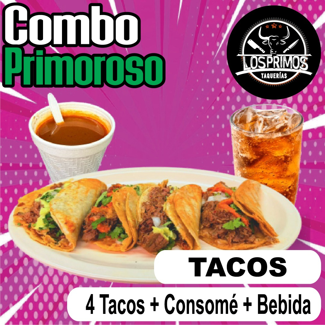 Combo 4 Tacos + Consomé + Agua de Sabor