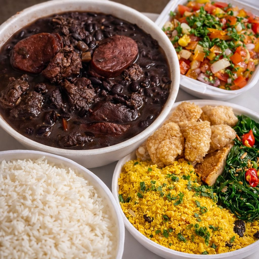 Feijoada completa tradicional, bem temperada e encorpada, feita com carnes selecionadas, linguiça, feijão preto e preparo caseiro. Combo família ideal para almoço, marmita completa ou refeição em grupo. Acompanha: 1 litro de feijoada completa 700g de arroz branco soltinho 500ml de vinagrete fresco torresmo crocante farofa temperada laranjas fatiadas Serve até 4 adultos com fartura.