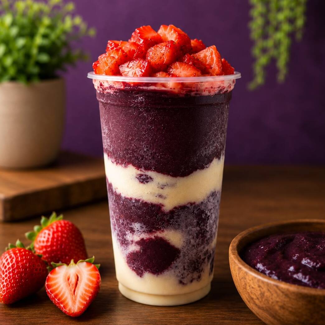 Açaí super cremoso, montado com camadas de leite condensado, leite em pó e morango fresquinho. Sabor intenso, textura perfeita e a combinação que todo mundo ama! Perfeito para qualquer momento do Dia.
