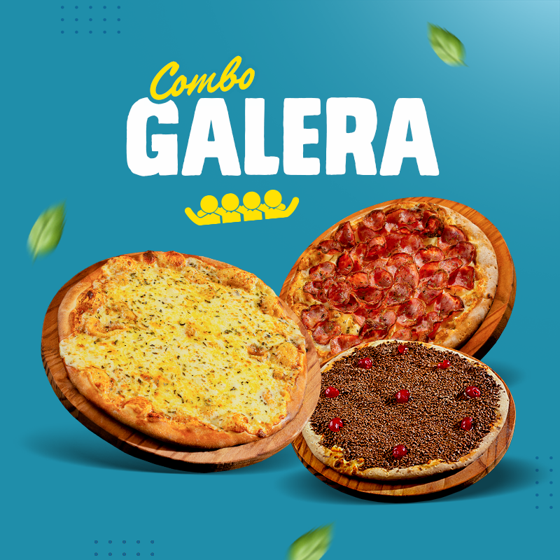 Surpreenda-se com nosso 'Combo Galera', perfeito para compartilhar! Neste combo, você receberá duas pizzas grandes (35 cm de diâmetro, com 8 fatias cada), podendo escolher entre nossas opções tradicionais ou especiais, exaltando sabores intensos e irresistíveis. Além disso, o combo é finalizado com uma graciosa pizza broto doce (25 cm de diâmetro e 4 fatias), uma delícia tradicional que acrescenta um toque de doçura à sua refeição. Por favor, note que não aceitamos solicitações de ingredientes adicionais para este combo. Aproveite essa promoção exclusiva!