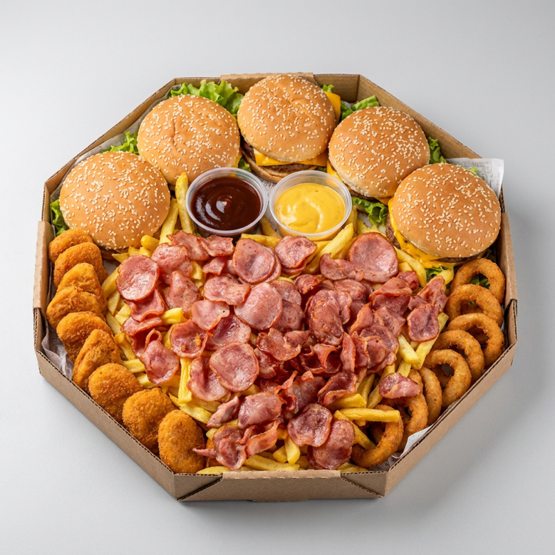 são 5 Da Casa + 10 Cebolas + 10 nuggts + Batata frita com cheddar e bastante calabresa + refri de 2 litros + molhos