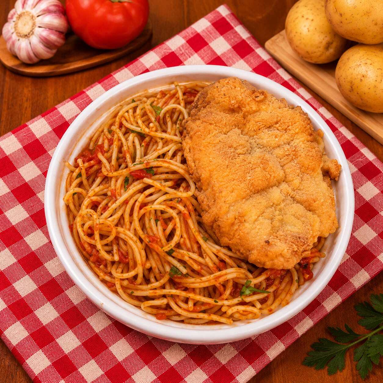 Esta marmita é individual ! A opção certa para você matar sua fome , com um sabor exclusivo feito pelo Cheff da Parmegiana Supreme . Nesta opção você leva uma marmita pequena acompanha macarrão alho e óleo e um pedaço generoso de filé de frango empanado .Observação : Batata frita é um acompanhamento à parte e a marmita com divisórias também.