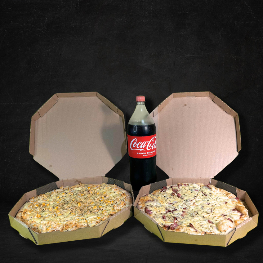 Sao 2 pizzas de 30cm 6 fatias. Sabores fixos + coca cola 2l.