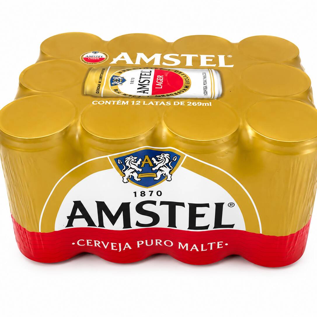 Fardo com 12 latas de Cerveja Amstel Puro Malte 269 ml. Sabor equilibrado, refrescante e ideal para compartilhar. Produto entregue gelado.