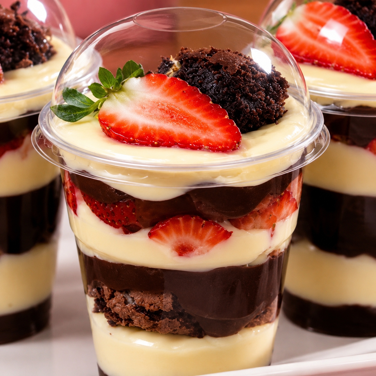 Morango, Brownie com Brigadeiro tradicional e de Ninho