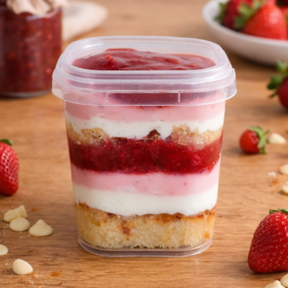 Massa branca bem molhadinha, intercalada com creme de ninho, creme de morango e geleia de morango. Cada porção possui 250ml.