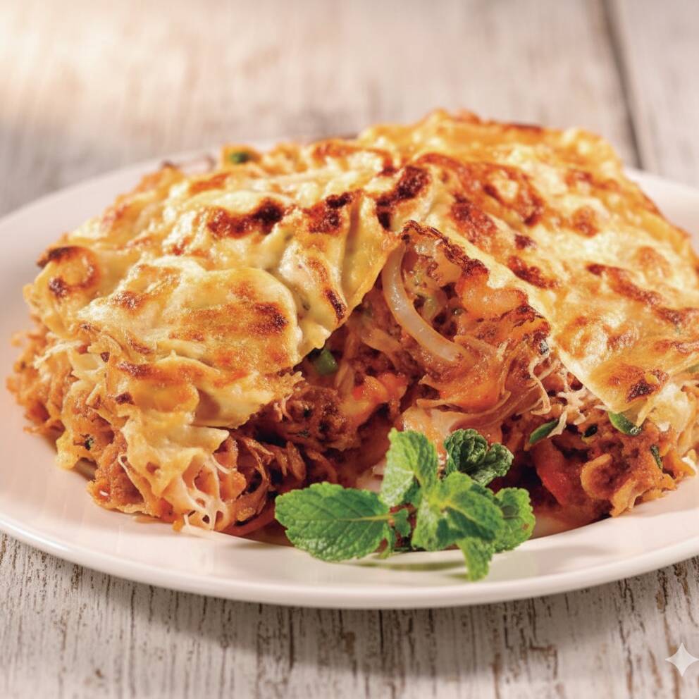 camarao carne frango e legumes coberto com omelete especial serve ate 4 pessoas