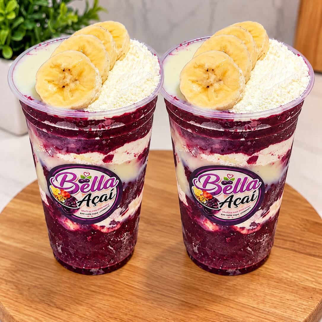 2 copos de 300ml com açaí cremoso, banana, leite condensado e leite em pó. Dupla perfeita para compartilhar!