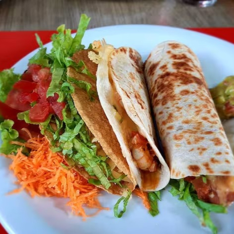 Um mini burrito, uma mini quesadilla, um taco, arroz feijão e salada