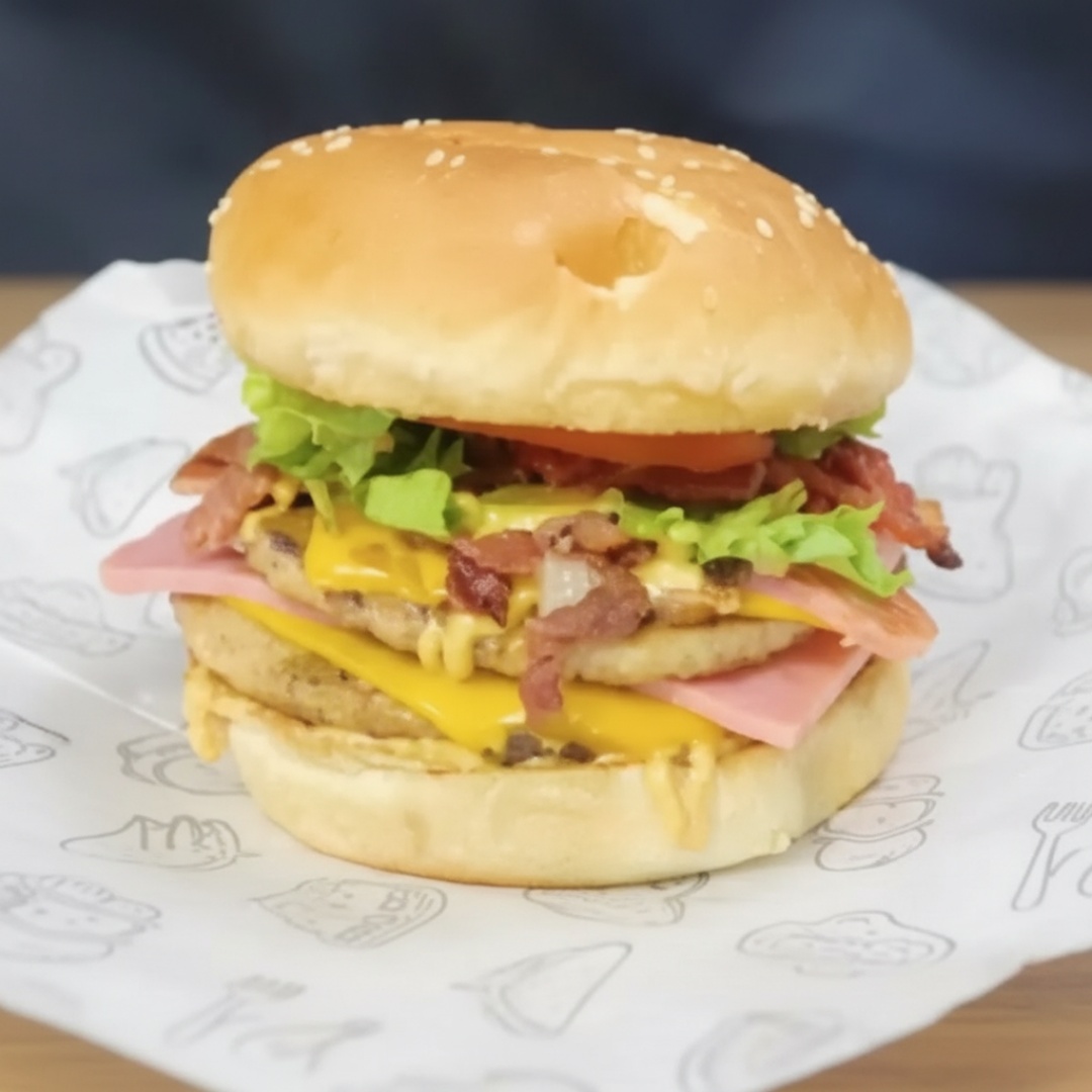 Pão de brioche , 1 carne picanha 120gr,molho especial, ovo, presunto, queijo prato, tomate, alface e cebola roxa