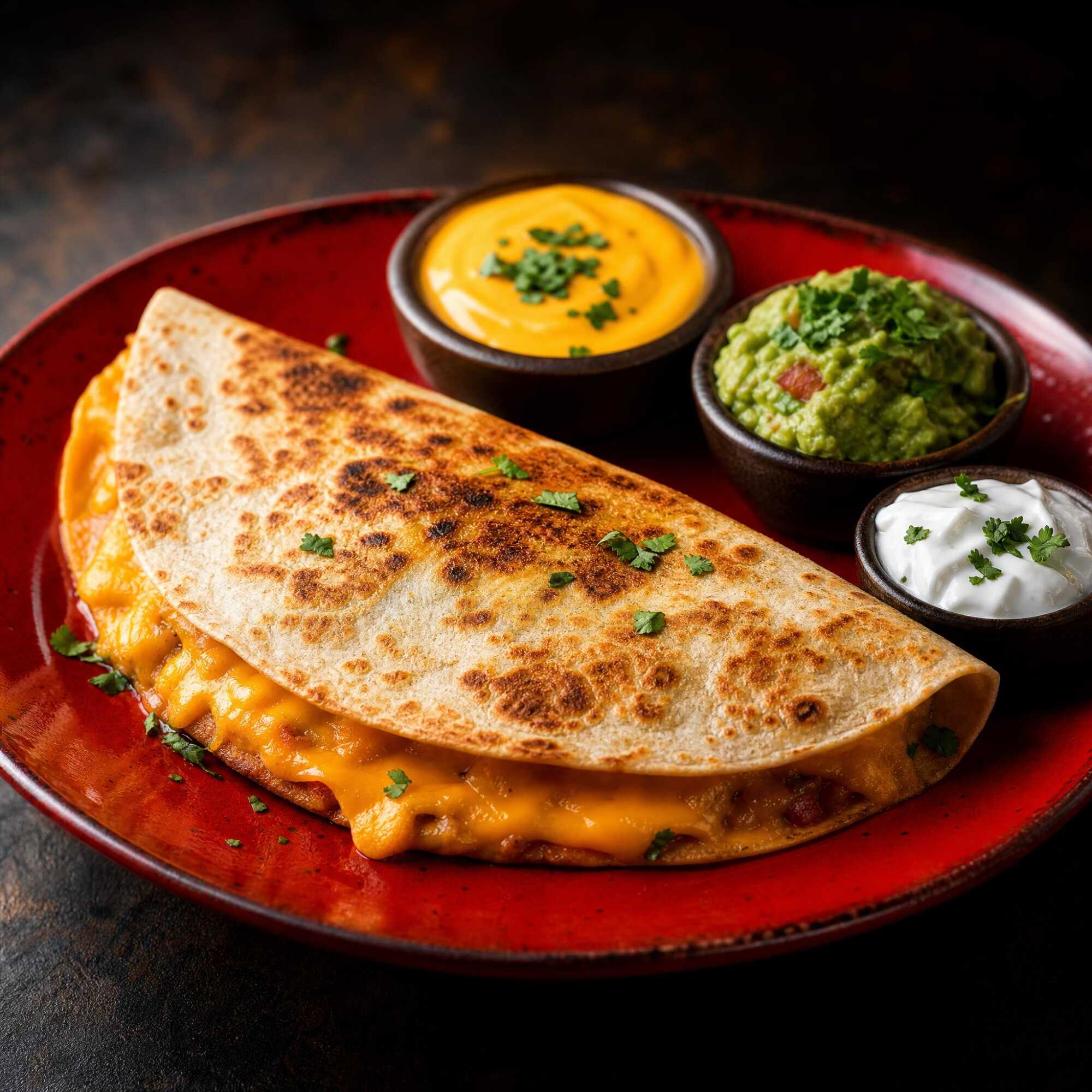 Quesadilla deliciosa em tortilha de trigo grelhada, recheada com mix de queijos e carne moída temperada. Sabor autêntico em cada mordida!