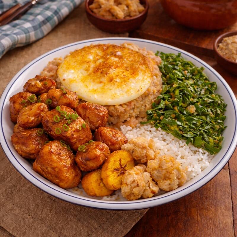 Combo Trem Bão: Tutu a mineira Arroz branco couve torresmo e pernil (carne de lata) + Coca-Cola bem gelada + Chup Chup artesanal de doce de leite. Almoço completo com final doce do jeitinho mineiro.