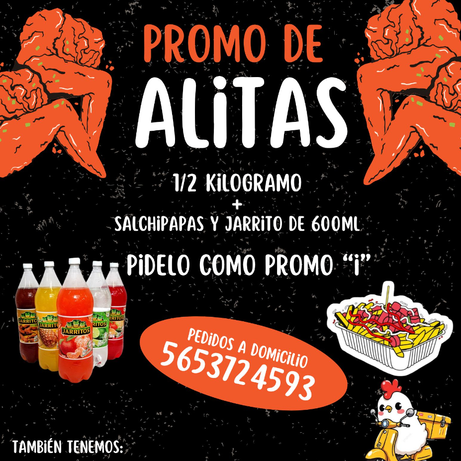 500gr ALITAS +1 ORDEN SALCHIPAPAS+1 JARRITO 600ML