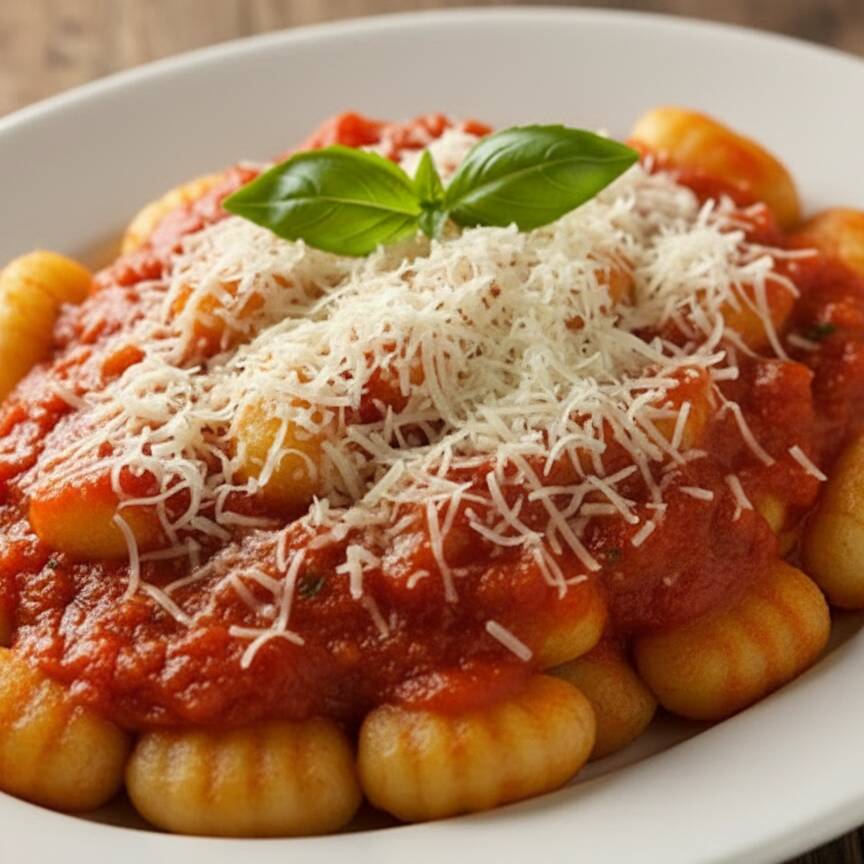 Nhoque de batata e mandioquinha refogado no alho-poró, cebola roxa e azeite, feito com molho orgânico da casa(mix de tomate cereja e tomate italiano) ao sugo, finalizado com alecrim, manjericão fresco e queijo ralado de amendoim. Acompanha salada de orgânicos.