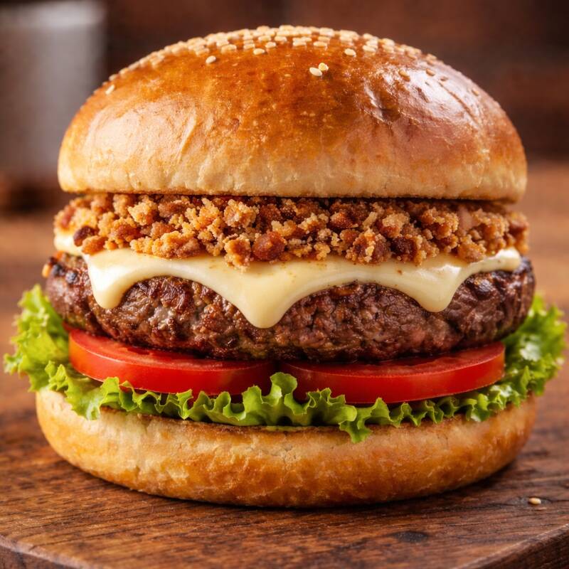 Pão, carne bovino 110g, queijo, bacon, alface e tomate