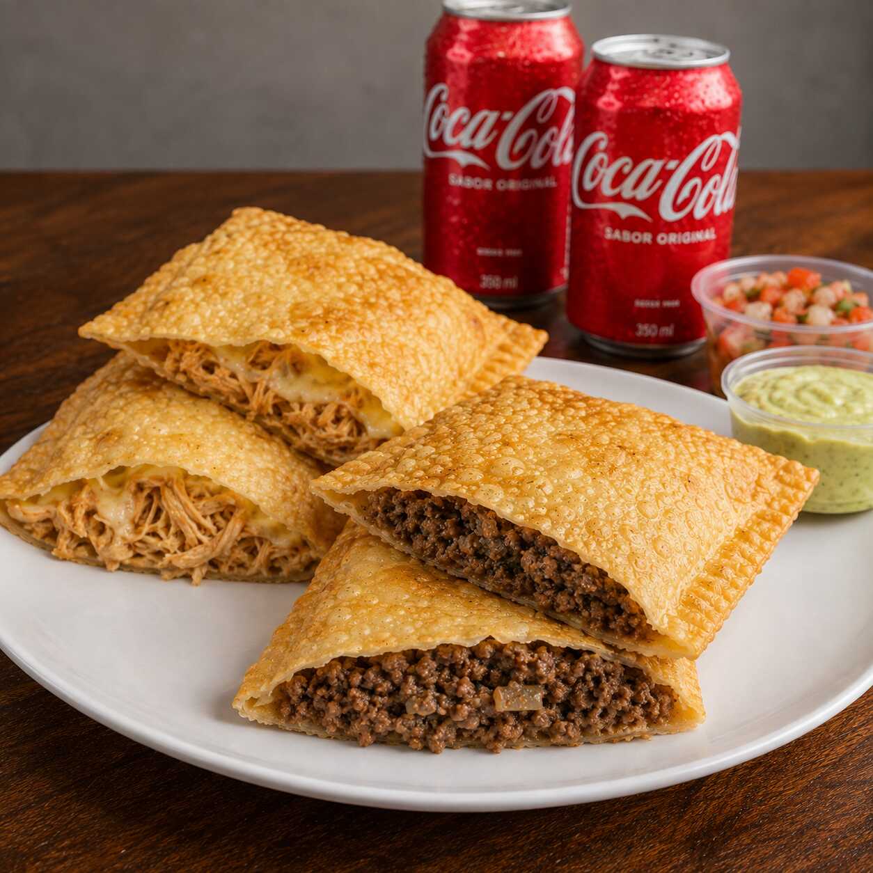 2 Pastelões (escolha o sabor) + 2 Refrigerantes Lata 350ml. Perfeito para hoje