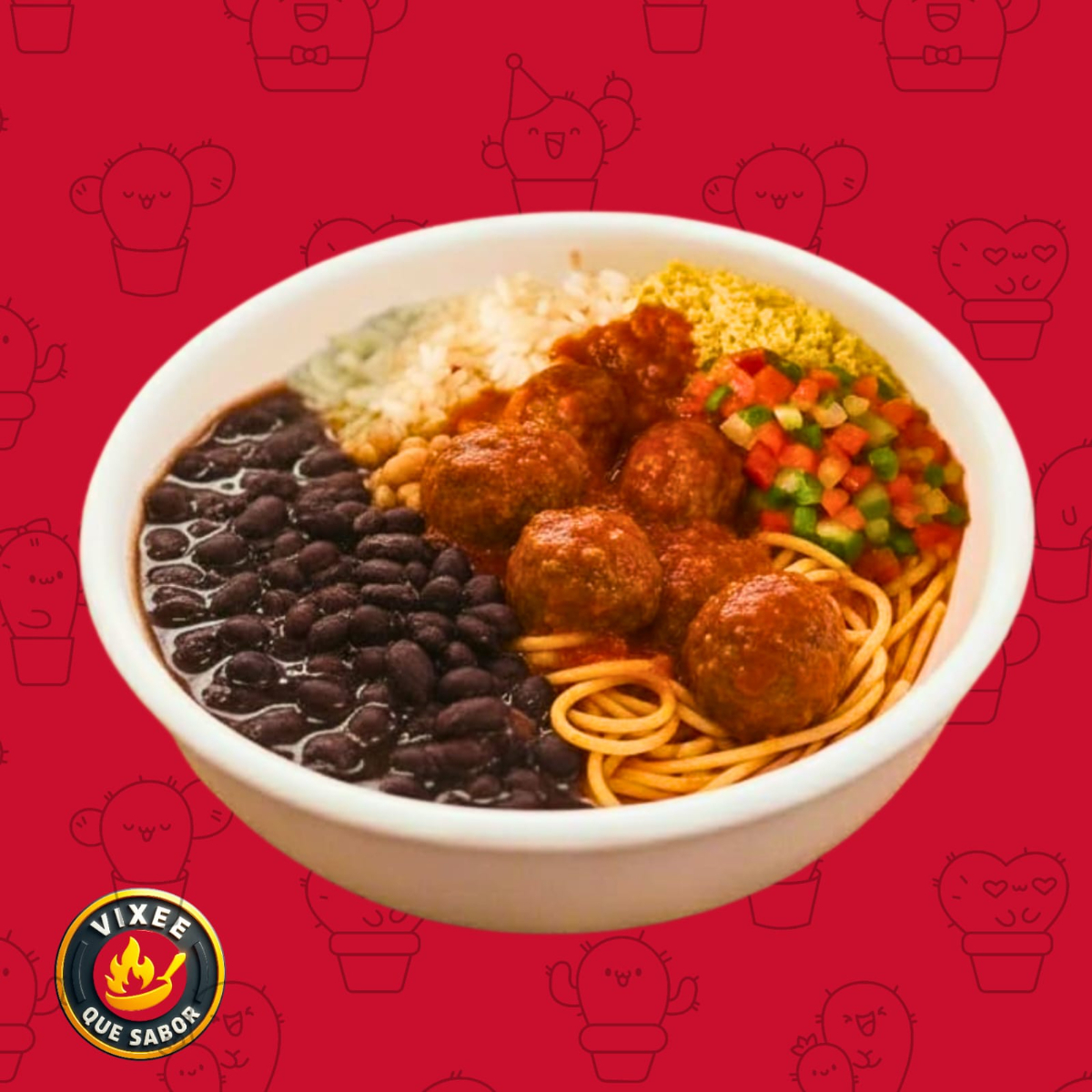 Almondegas, arroz, feijão preto, macarrão, vinagrete e farofinha.