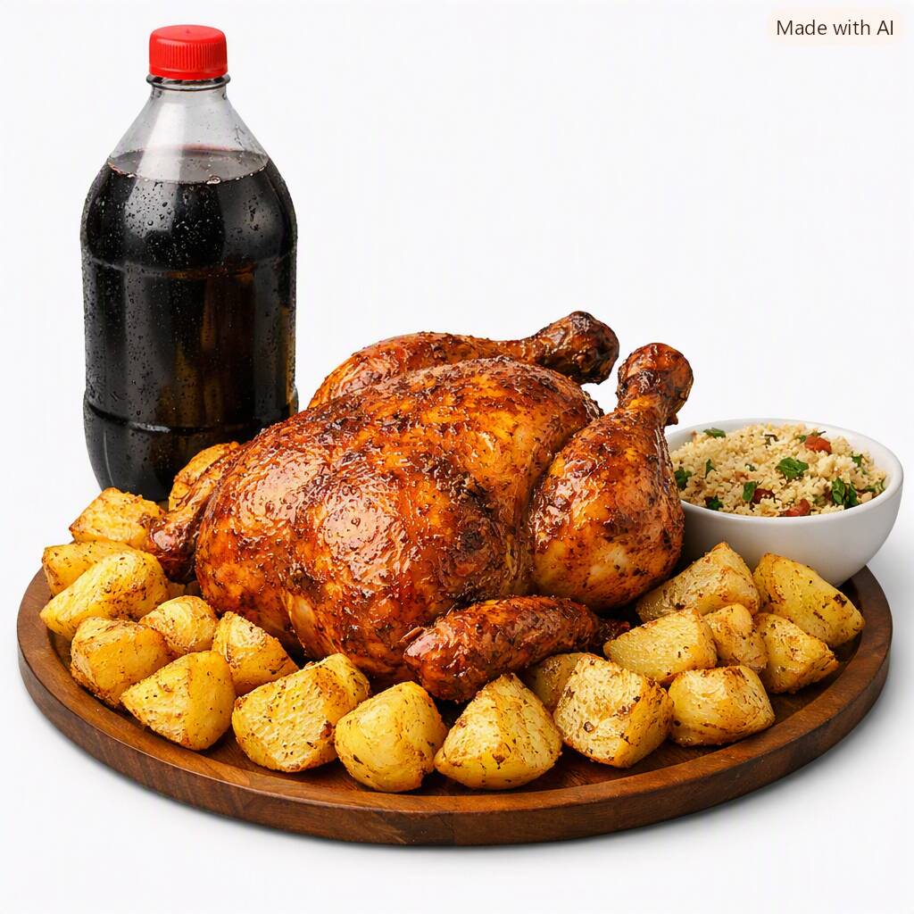 🍗 Frango assado com batatas
🥤 Refrigerante 2L
🌽 Farofa
Refrigerante enviado conforme disponibilidade.