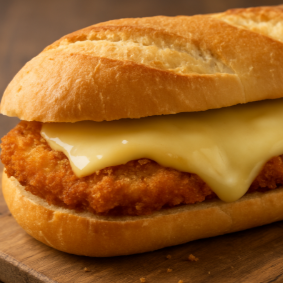 O sanduíche perfeito para quem ama carne macia e suculenta com um empanamento sequinho e crocante! Pão baguete crocante recheado com frango empanado que faz "croc", finalizado com uma camada dourada de queijo assado, e nosso molho Aioli da casa Uma combinação irresistível! *Foto real do produto*