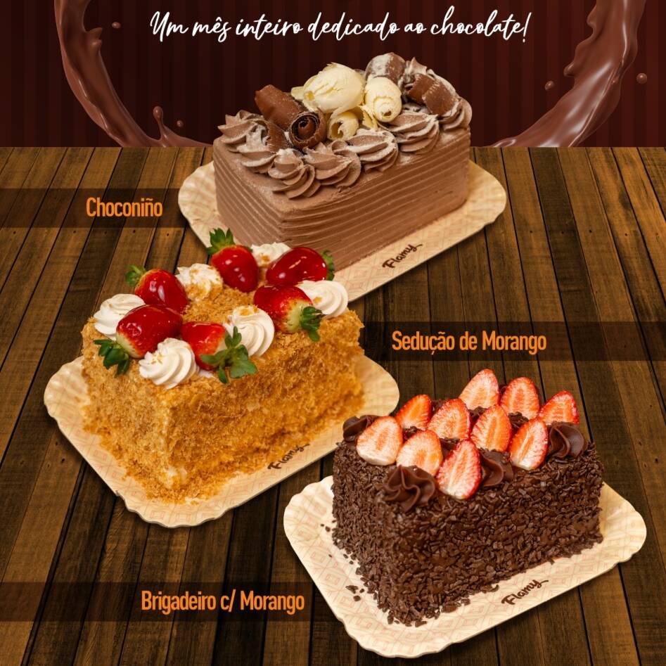 Julho chegou trazendo três sabores que prometem transformar qualquer momento em uma experiência irresistível.
O queridinho de quem não resiste a um bom chocolate:
• Choconiño
Pão de ló de chocolate com uma dupla de recheios que conquista à primeira garfada: creme Ninho com raspas de chocolate branco e creme Ninho de chocolate com raspas de chocolate ao leite. Uma combinação intensa, cremosa e simplesmente apaixonante.
A grande novidade do mês:
• Brigadeiro com Morango
Pão de ló de chocolate recheado com brigadeiro cremoso e morangos frescos. O equilíbrio perfeito entre a intensidade do chocolate e o frescor da fruta, em um sabor que já nasceu para ser um sucesso.
E o clássico que nunca sai de cena:
• Sedução de Morango
Nosso bolo mais famoso! Pão de ló branco recheado com creme finesse, morangos frescos e massa folhada crocante, finalizado com creme gelado e mais massa folhada. Uma combinação leve, delicada e inesquecível.
Três sabores, três experiências.
Um mês inteiro para se apaixonar. 🍓🍫
