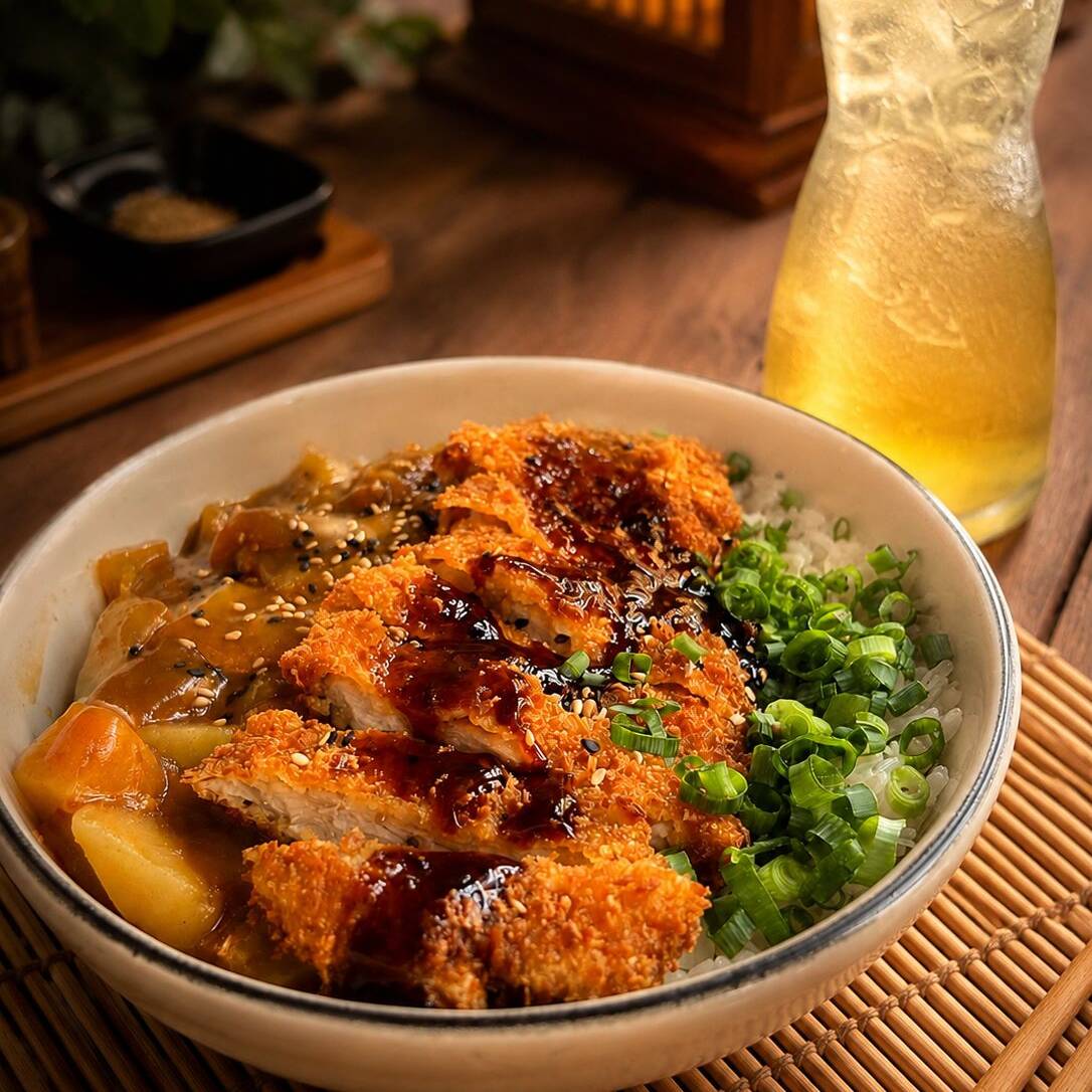 Arroz oriental Yakimechi com ovo, cenoura e cebolinha, acompanhado de molho Karê japonês importado à base de curry, batata e cenoura,
com frango empanado empanado e molho especial.