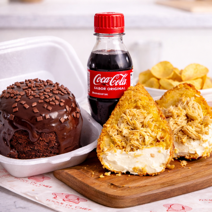 Coxinha crocante frango tradicional (sem catupiry) + mini bolo vulcão + refri 200ml. Peso aproximado da coxinha 180g.