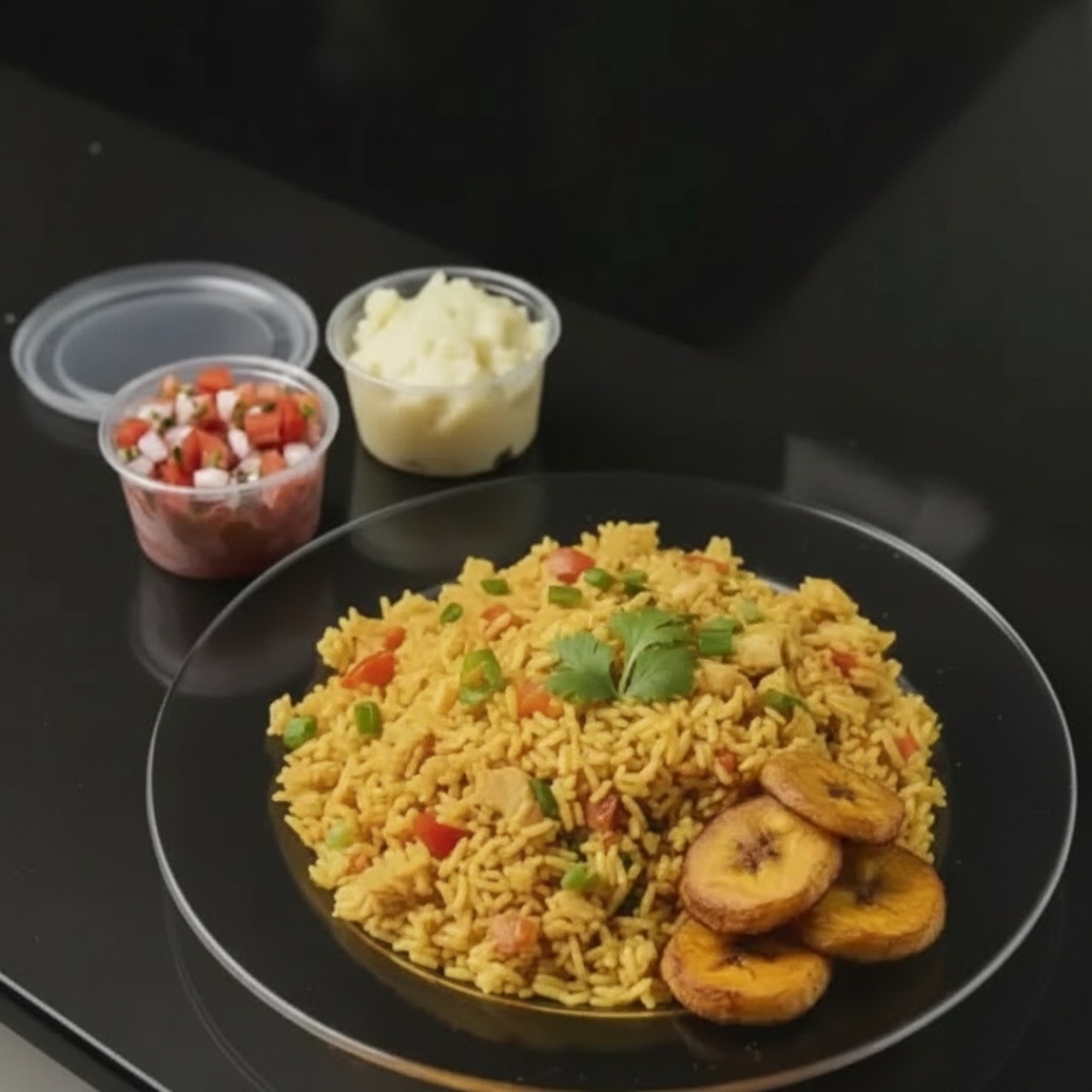 Frango desfiado bem temperado com arroz amarelo, servido com purê de batata e vinagrete. Uma opção leve, completa e cheia de sabor.