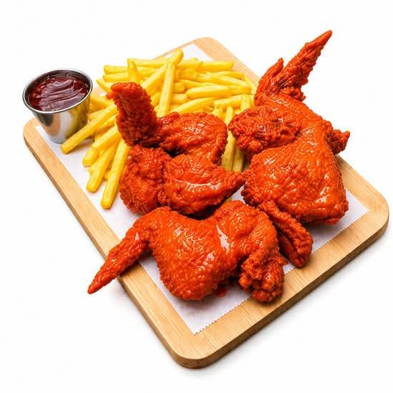 4 Alas Bañadas con Papas Fritas