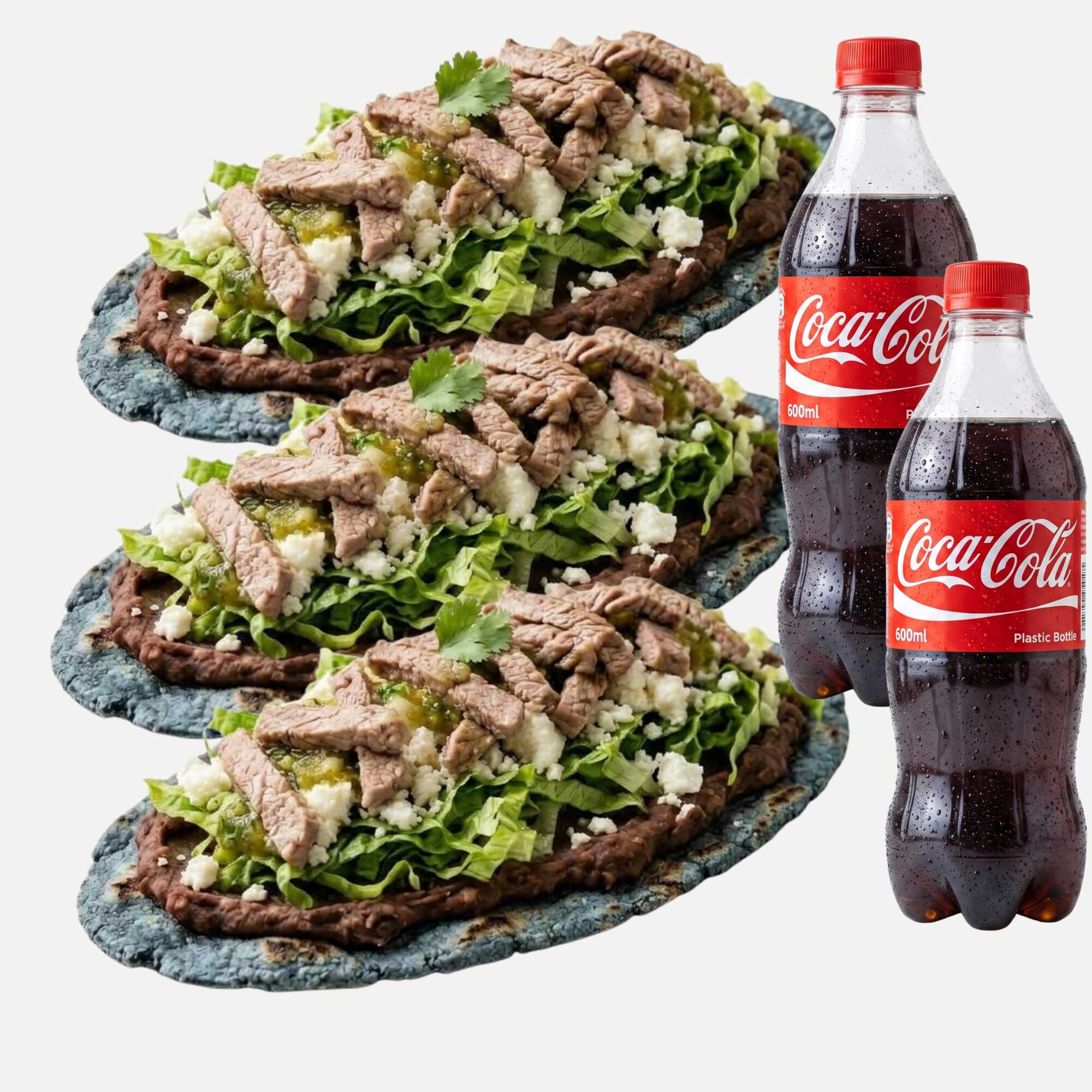 3 Huaraches Con Bistec + 2 Cocacolas 600 Ml