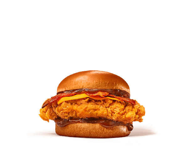 Filé 100% peito de frango empanado e crocante no pão brioche, fatia de queijo, bacon em tiras e molho barbecue.